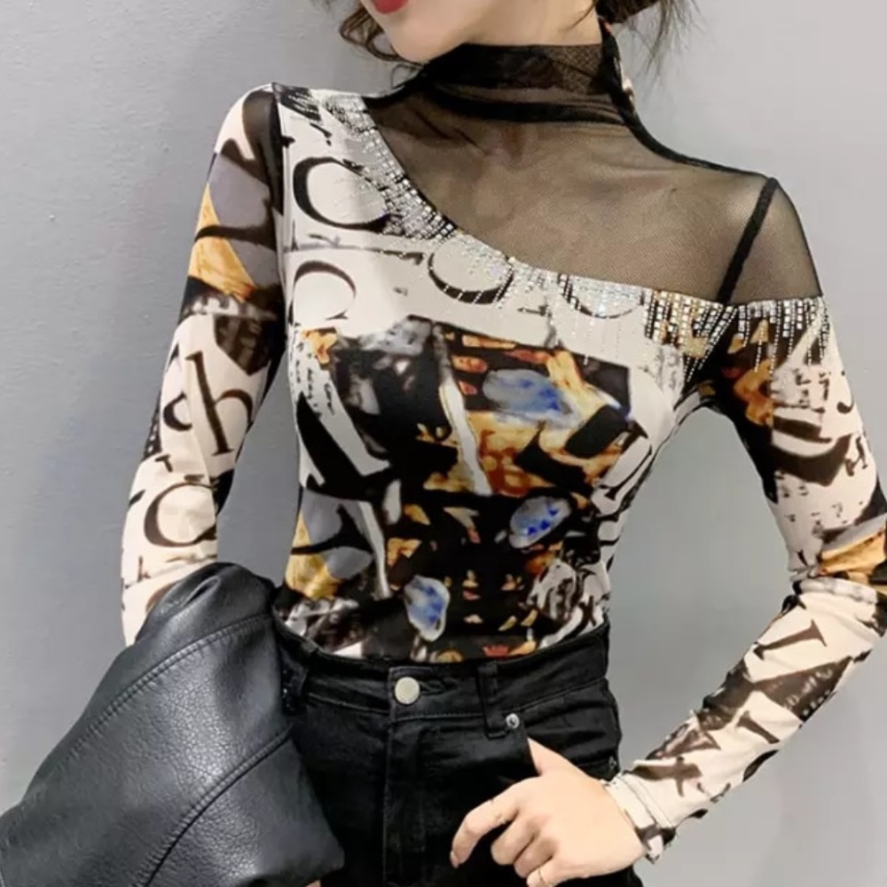 š Pre Order New Black Sheer Mesh Color Bloc Print Turtleneck Top - Picture 3 of 9
